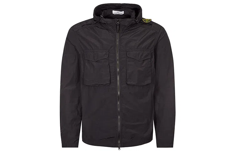 Stone Island SS21 Logo Print Hooded Jacket Black