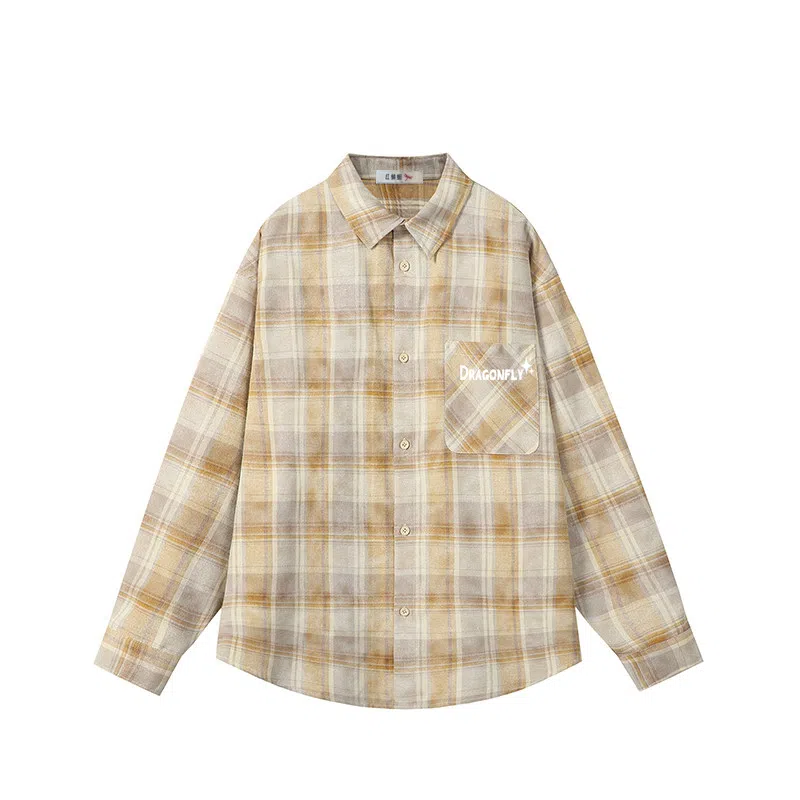 红蜻蜓 美式复古国潮高街格子学院风单排扣宽松百搭休闲长袖衬衫 男女同款