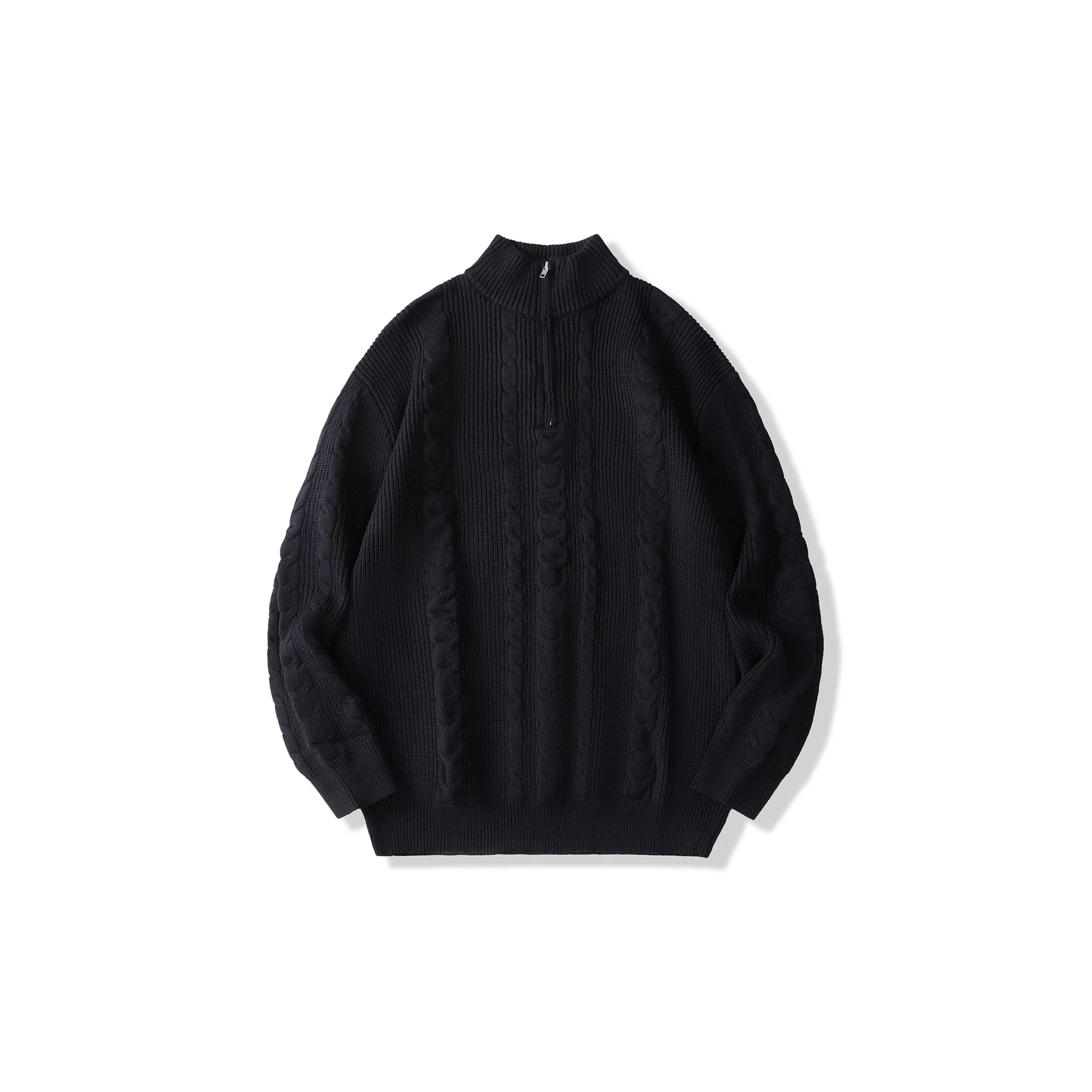 我是大卫 提花慵懒风基础款半开襟落肩高领长袖针织衫 男女同款