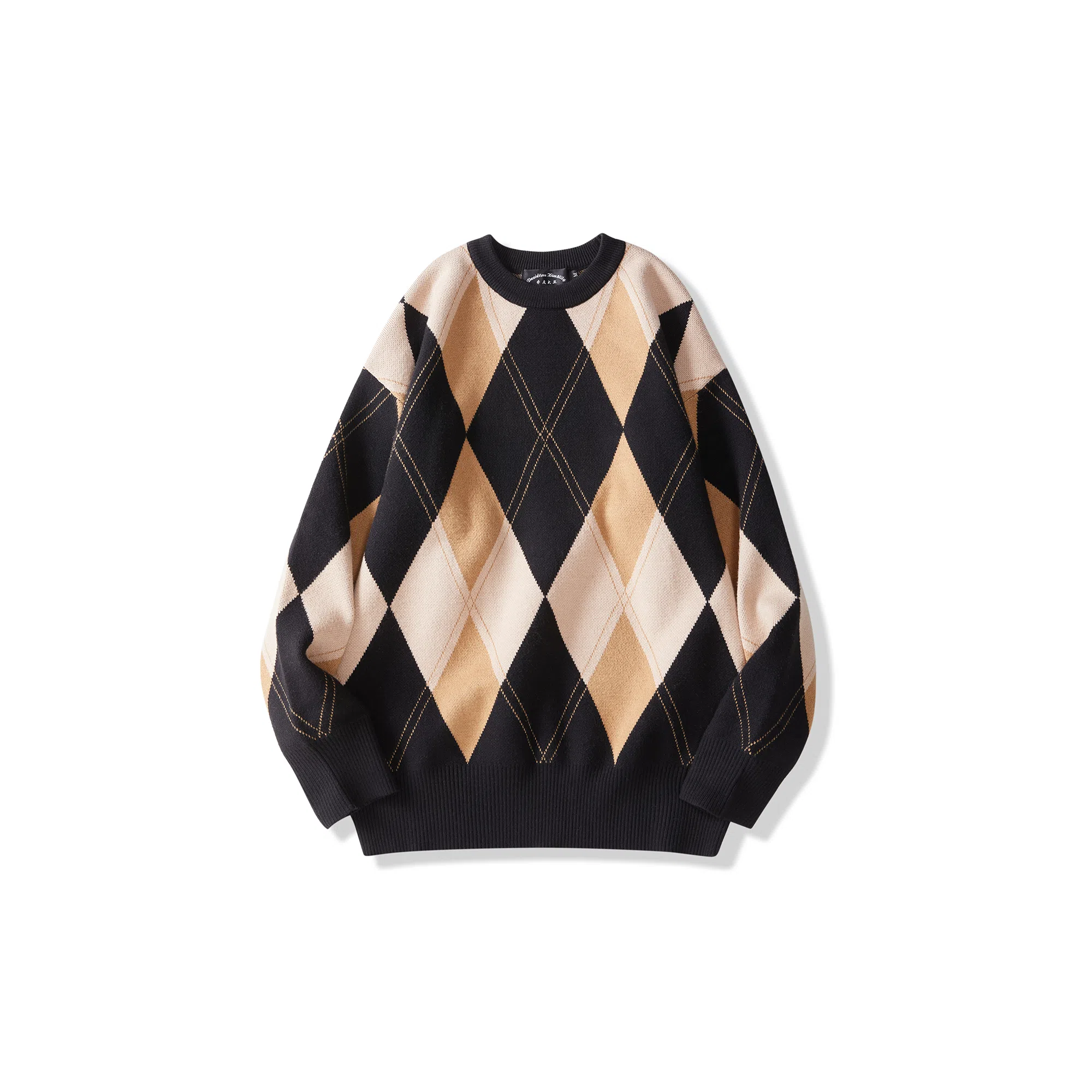 我是大卫 韩版复古菱格撞色几何图案棋盘格拼接针织衫 男女同款