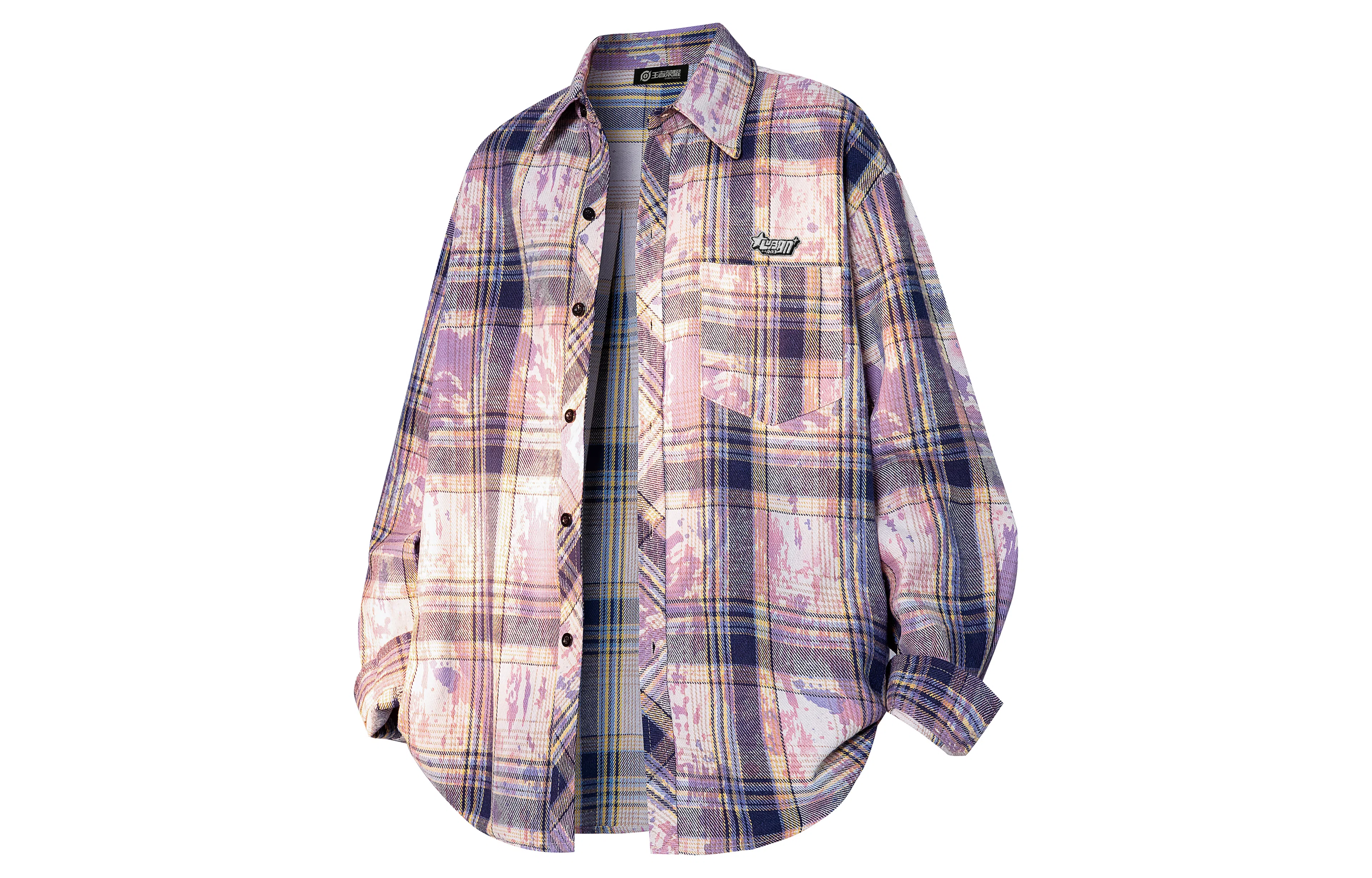 王者荣耀 鲁班七号星空梦想款 美式复古简约撞色字母刺绣口袋多彩斑驳格纹轻薄透气宽松小衫休闲高级感翻领长袖衬衫 男女同款