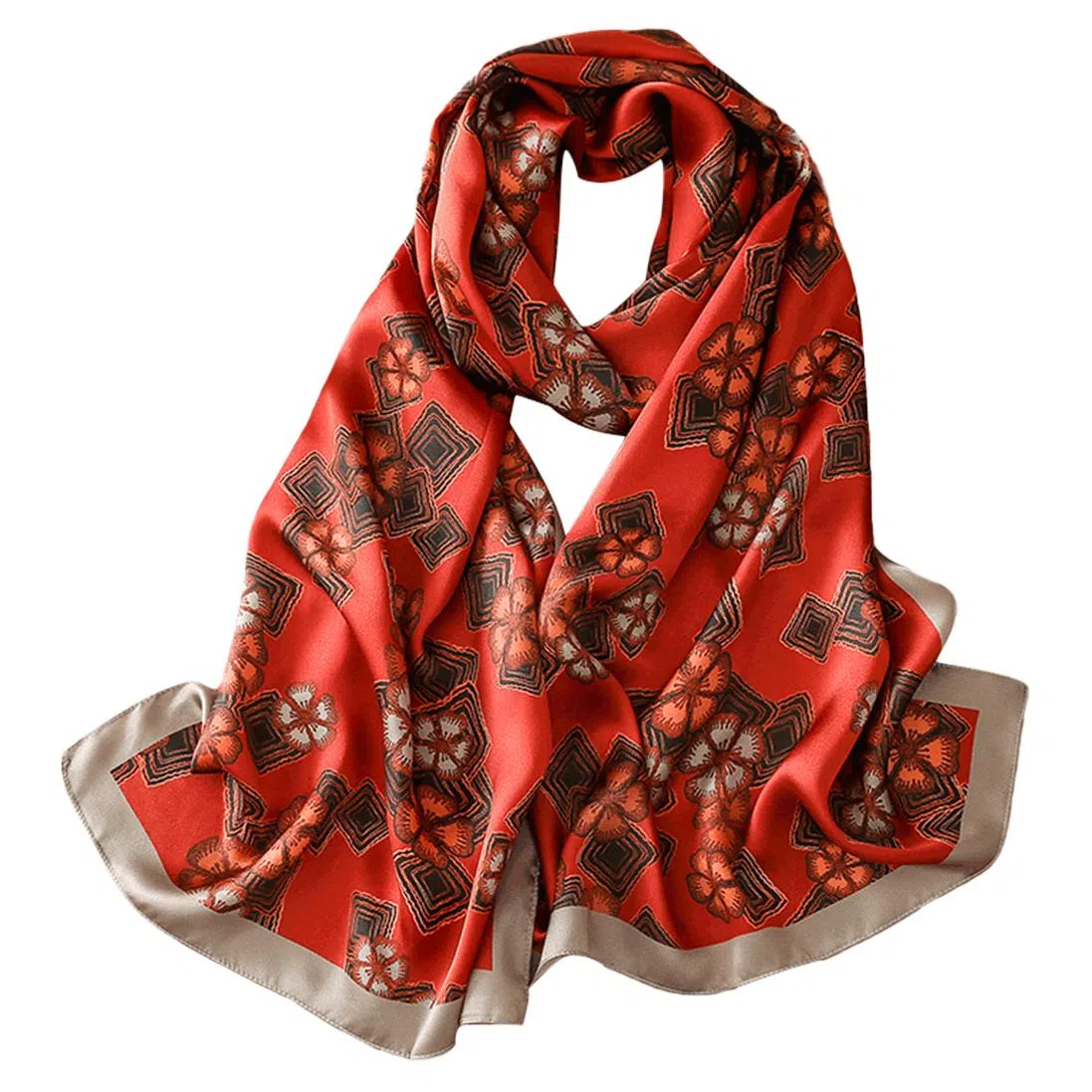 红豆 真丝素绉缎长巾 轻盈通透柔软围巾 经典花型设计 简约大方 桑蚕丝 丝巾 女款