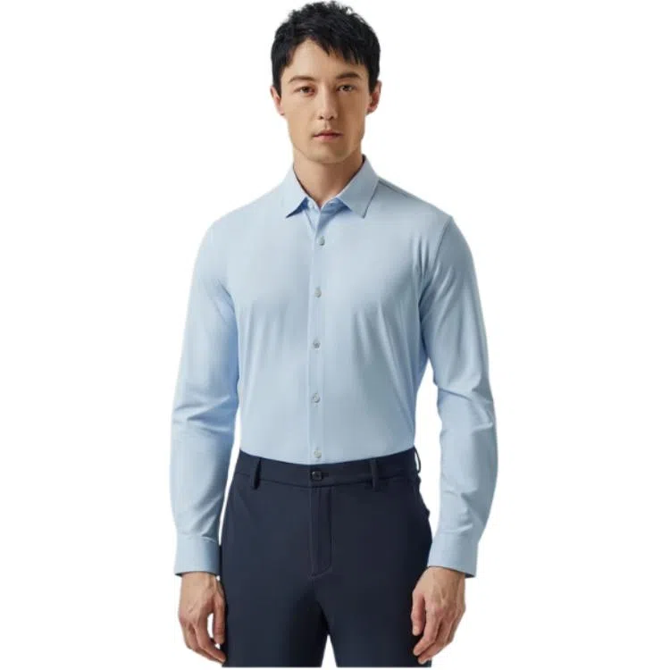 迪柯尼 纯色亲肤时尚长袖衬衫 男款 蓝格