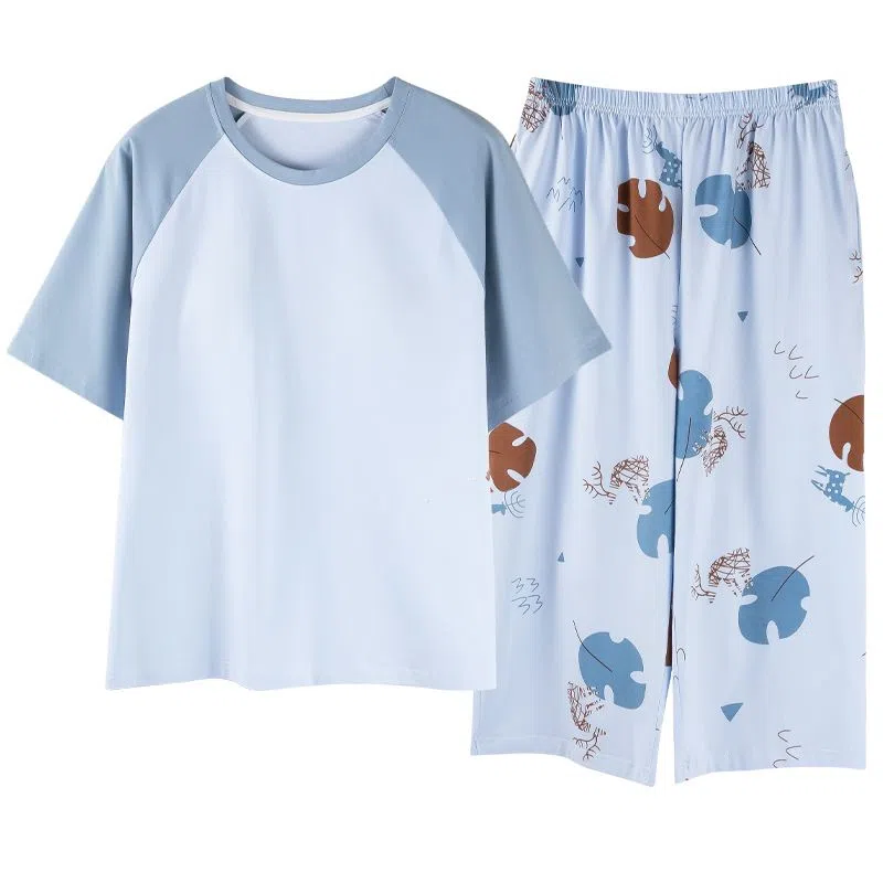 细舍 带胸垫休闲短袖七分裤韩版可外穿家居服睡衣套装 女款 浅蓝色