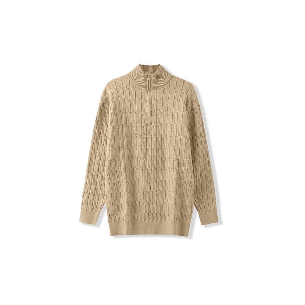 我是大卫 纯色半开拉链设计半高领套头麻花纹长袖针织衫 男女同款 杏色