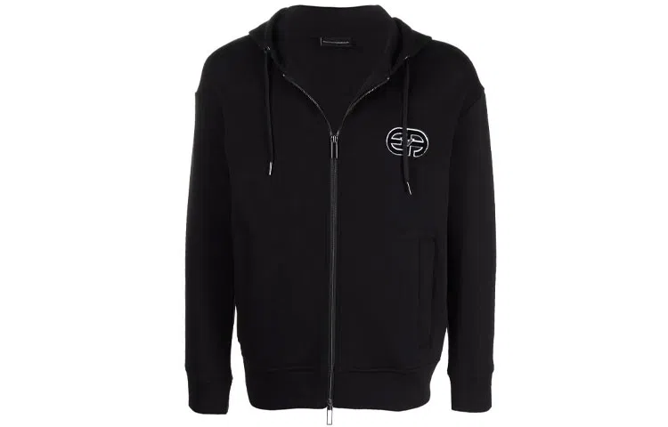 Emporio Armani Logo Embroidered Zip Hoodie Black
