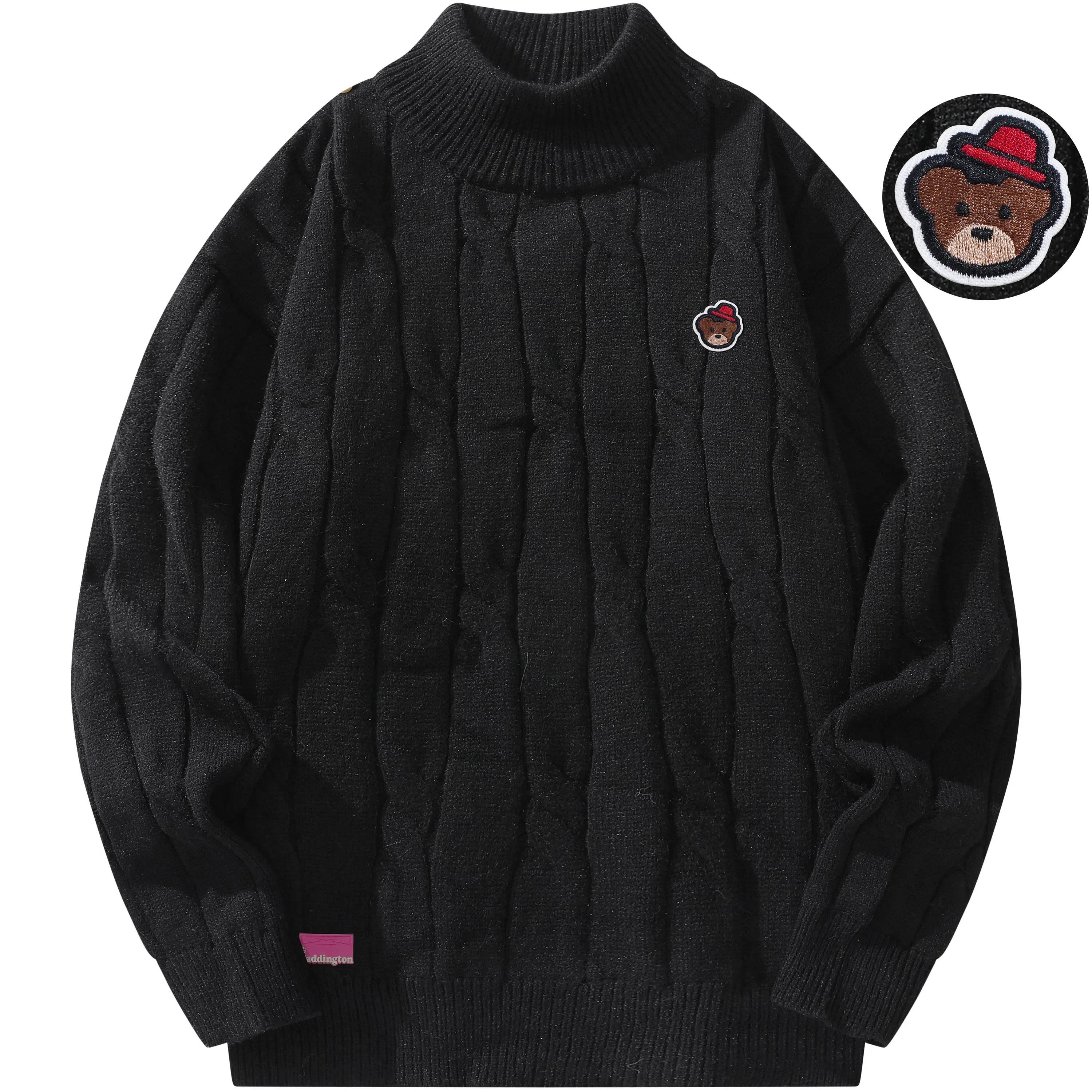 帕丁顿熊 基础款可拆卸小熊胸针纯色休闲百搭打底中高领麻花宽松毛衣保暖加厚针织衫 男女同款