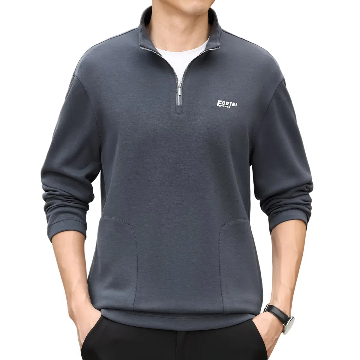 富铤 时尚印花经典百搭日常通勤半拉链立领长袖卫衣 男款