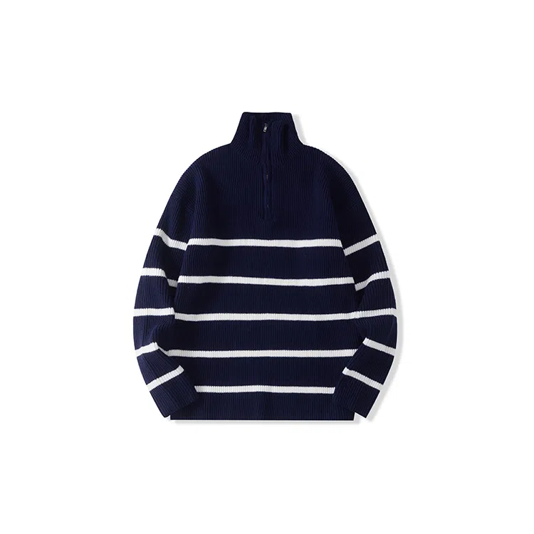 我是大卫 条纹翻领半拉链装饰休闲套头长袖针织衫 男女同款