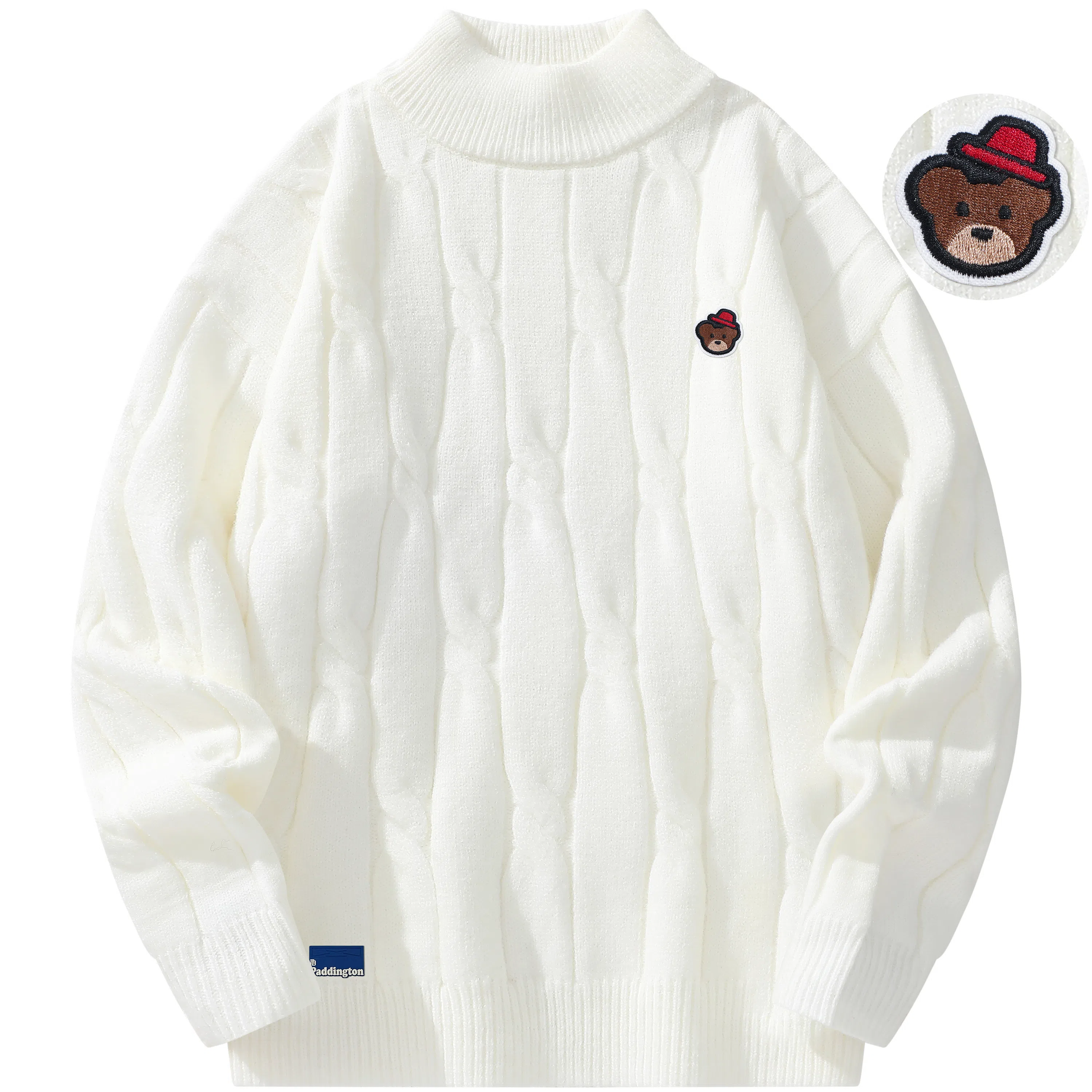帕丁顿熊 基础款可拆卸小熊胸针纯色休闲百搭打底中高领麻花宽松毛衣保暖加厚针织衫 男女同款