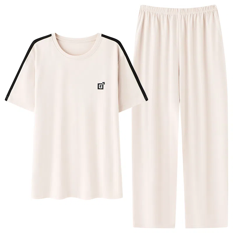 贴身领域 圆领舒适透气短袖长裤可外穿柔软简约亲肤睡衣套装 男款
