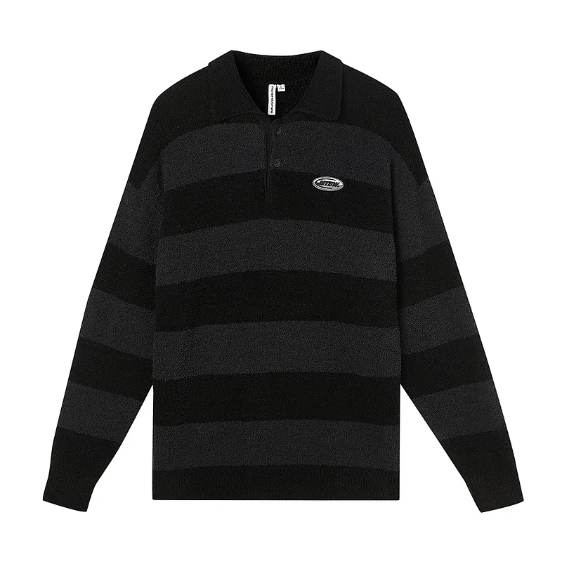 美特斯邦威 国潮条纹翻领针织长袖保暖上衣毛衣 男款