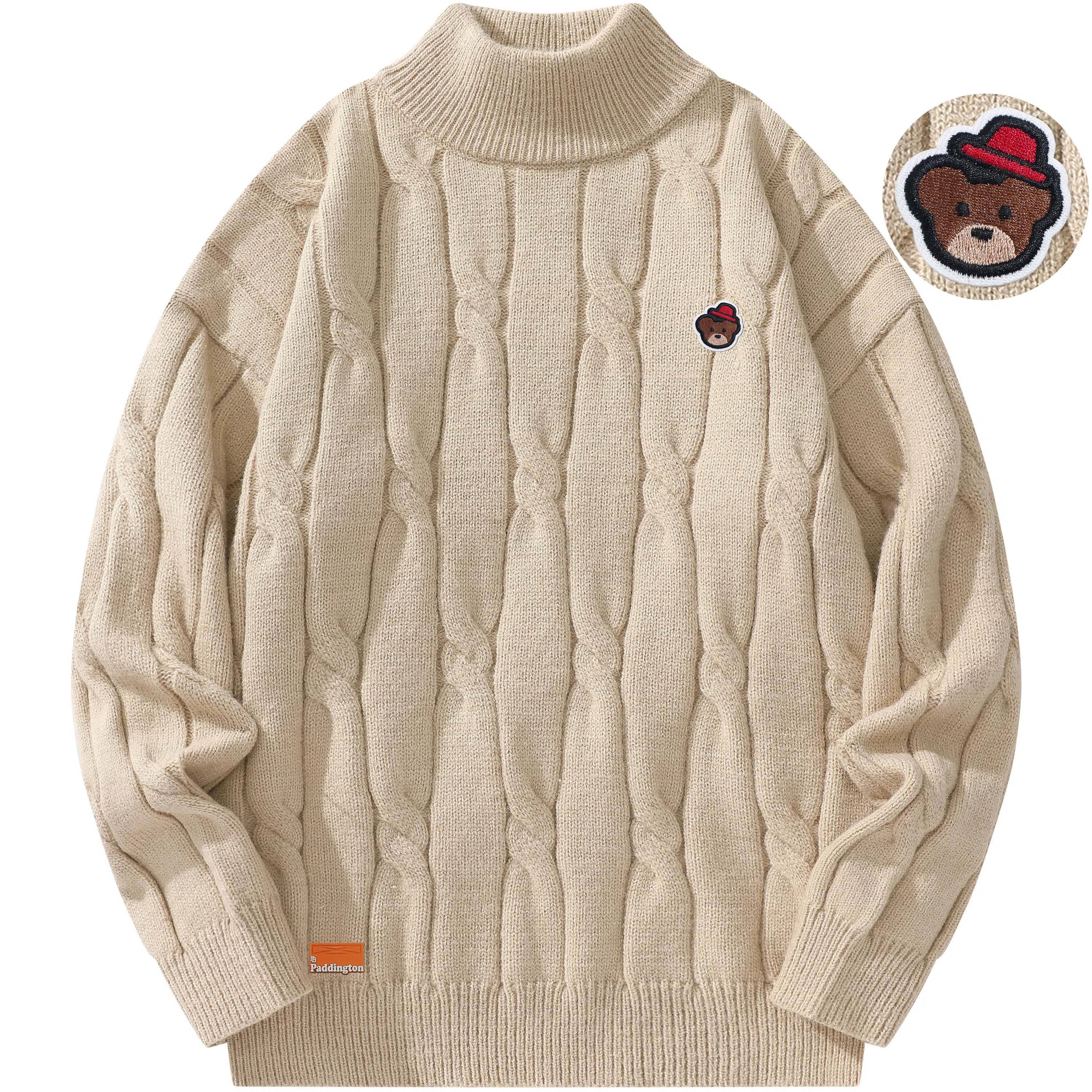 帕丁顿熊 基础款可拆卸小熊胸针纯色休闲百搭打底中高领麻花宽松毛衣保暖加厚针织衫 男女同款