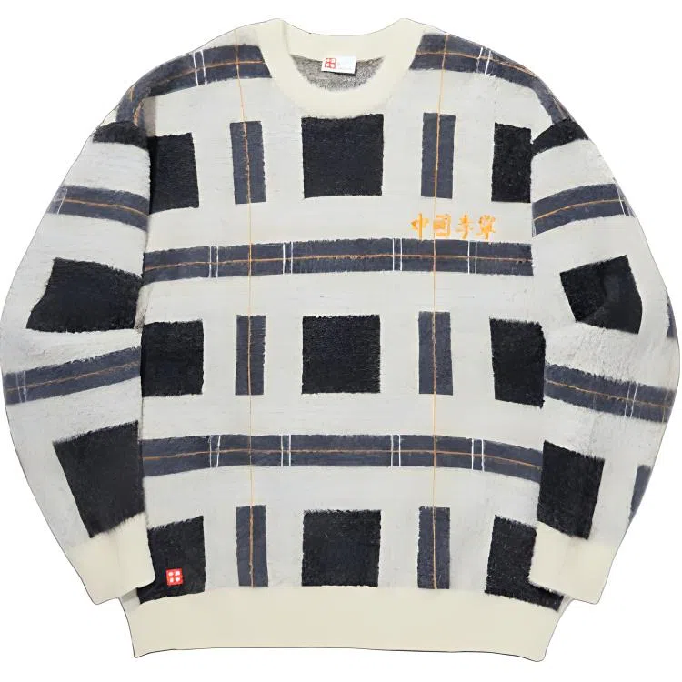 中国李宁 滑板系列 宽松套头长袖针织衫 男款 黑色格子色组