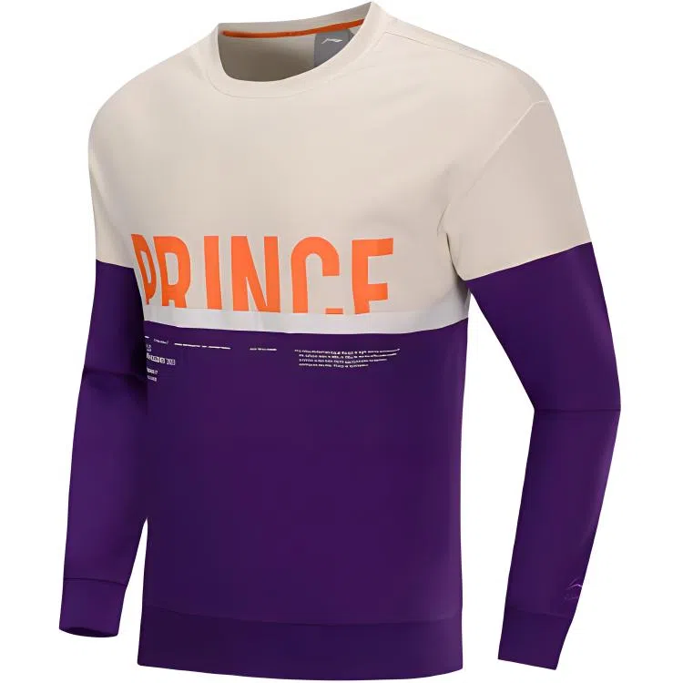 中国李宁 运动时尚系列 休闲简约拼接字母印花圆领套头卫衣 男款 云雾白铁兰紫