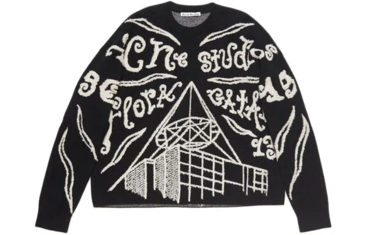 Acne Studios Crew Neck Printed Knit Sweater Black
