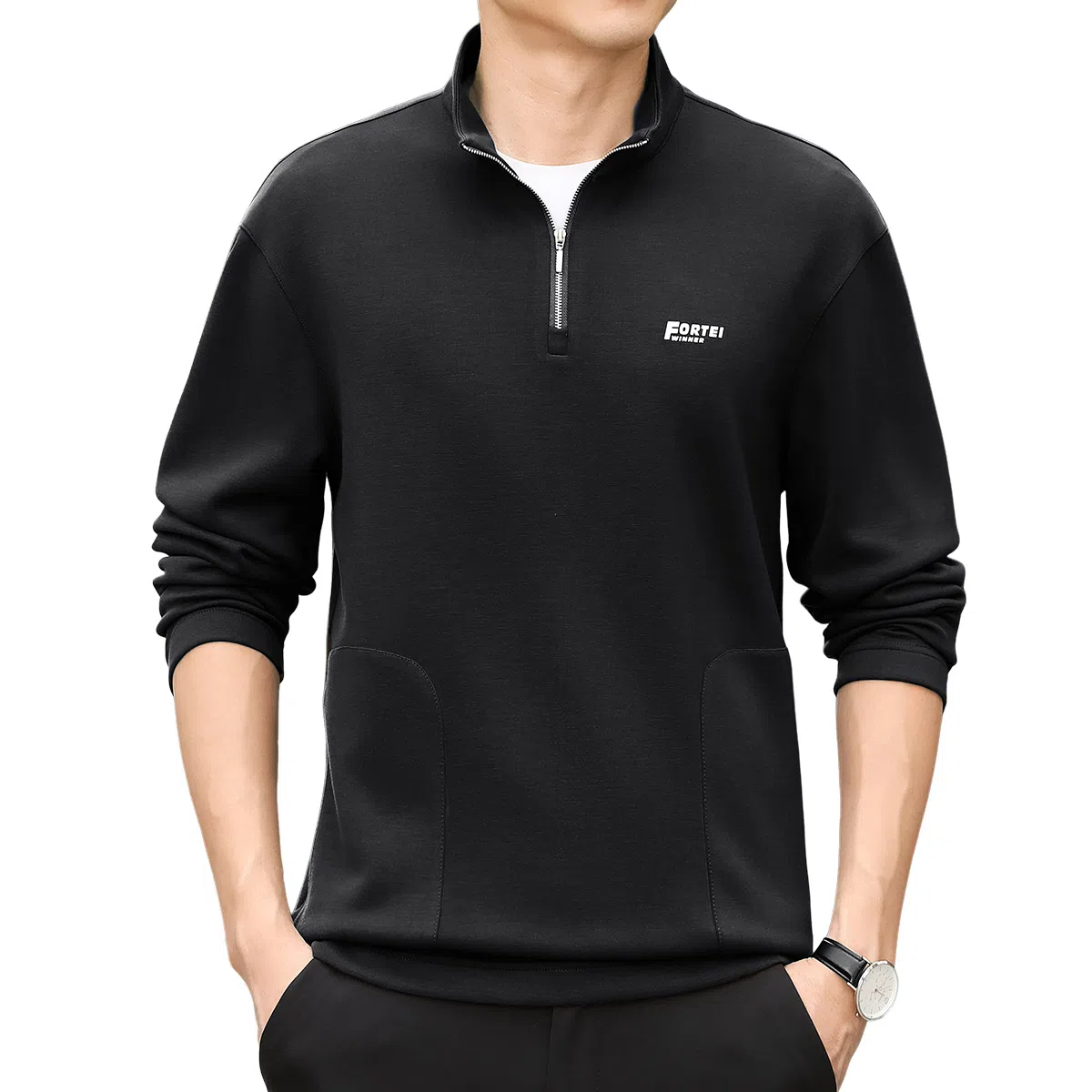 富铤 时尚印花经典百搭日常通勤半拉链立领长袖卫衣 男款