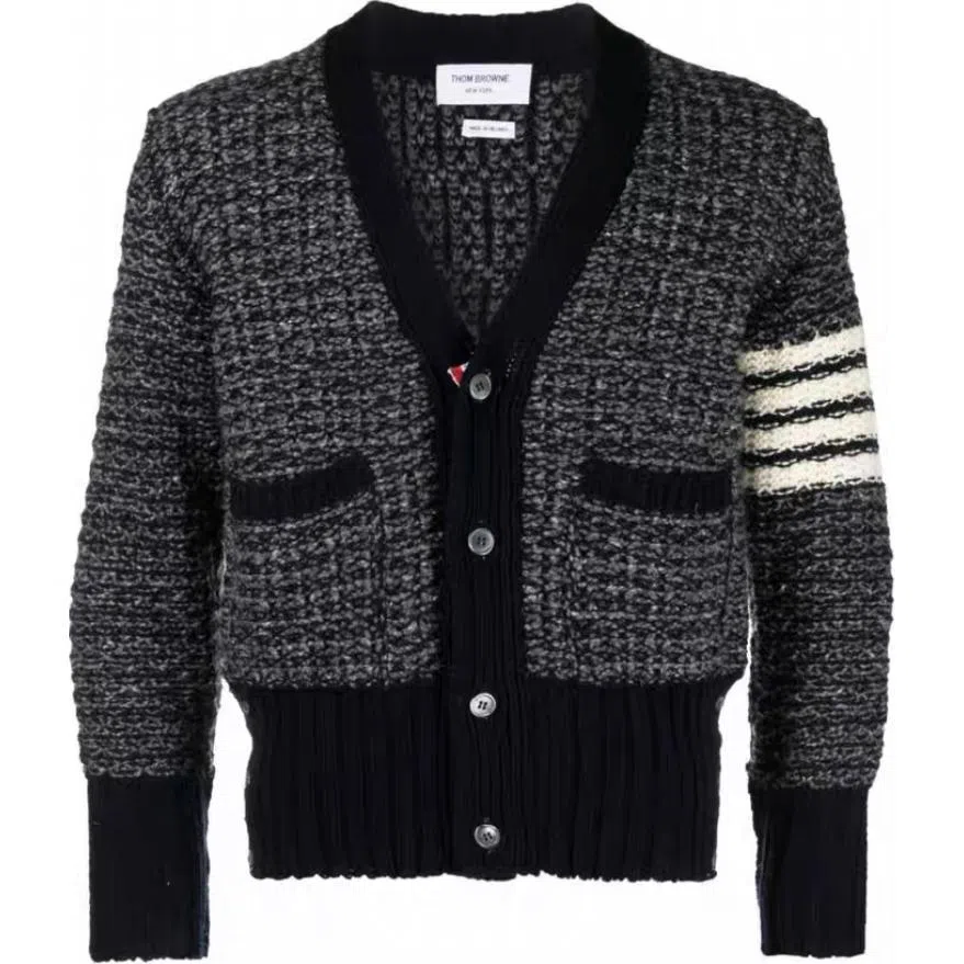 THOM BROWNE Mohair Tweed 4-Bar Classic V-Neck Cardigan V
