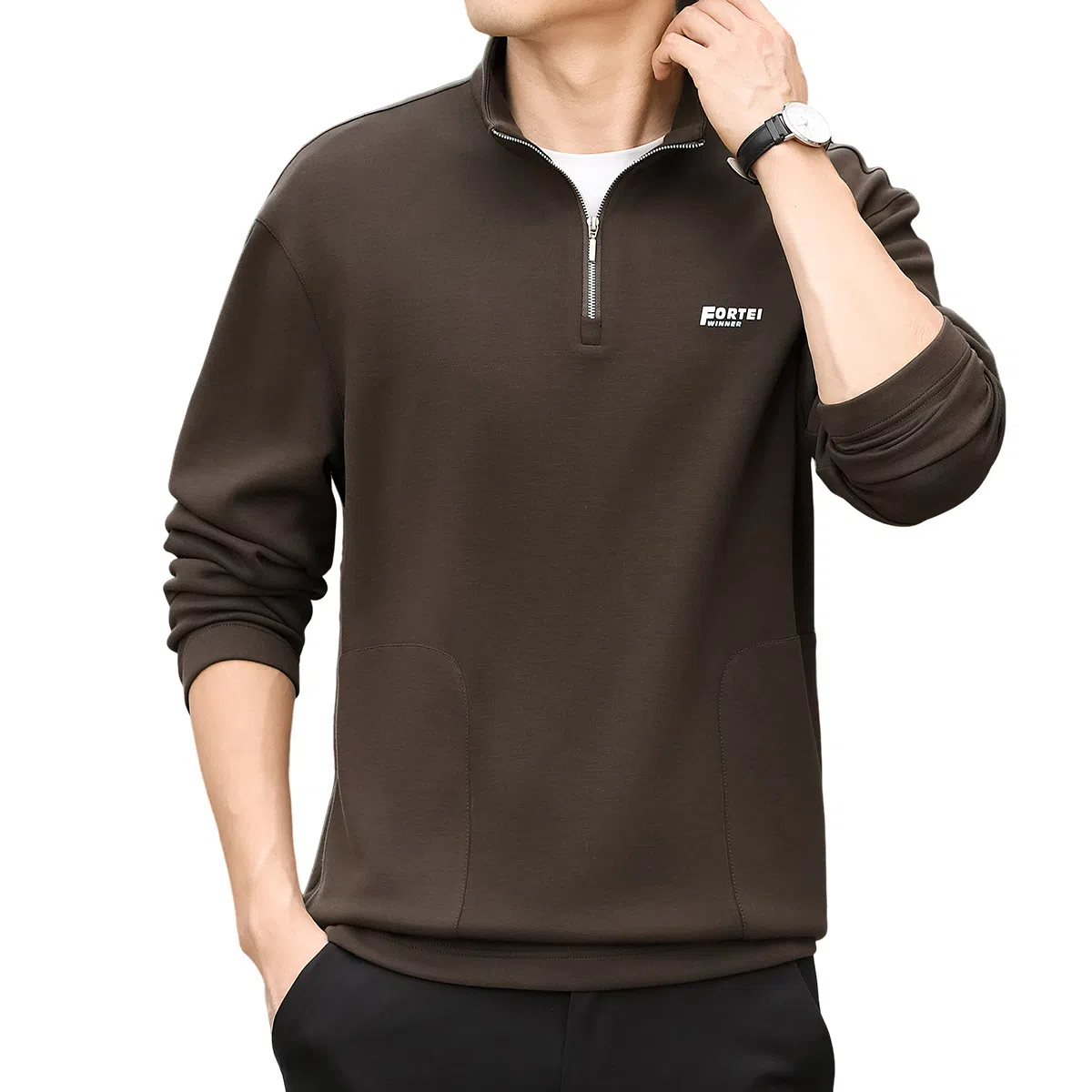 富铤 时尚印花经典百搭日常通勤半拉链立领长袖卫衣 男款
