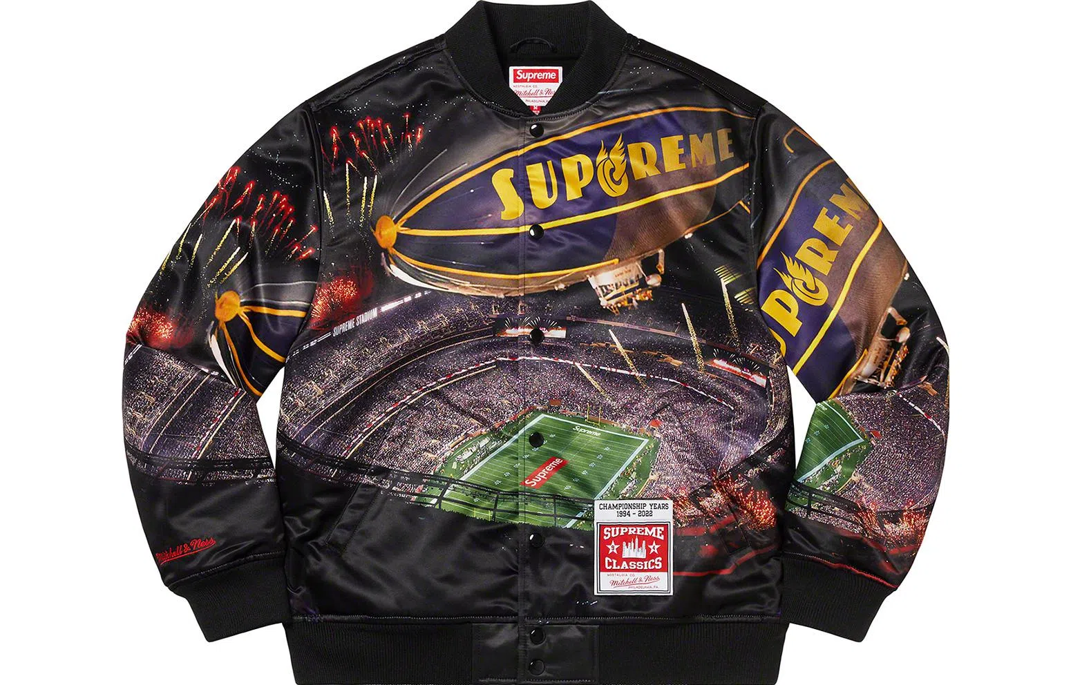 Supreme SS22 Week 15 x Mitchell Ness Stadium Satin Varsity Jacket