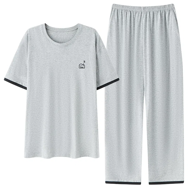 贴身领域 圆领舒适透气短袖长裤可外穿柔软简约亲肤睡衣套装 男款