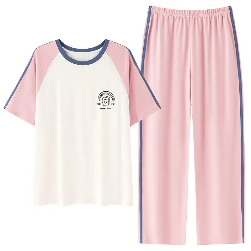 贴身领域 圆领甜美舒适透气可外穿柔软简约亲肤短袖长裤睡衣套装 女款