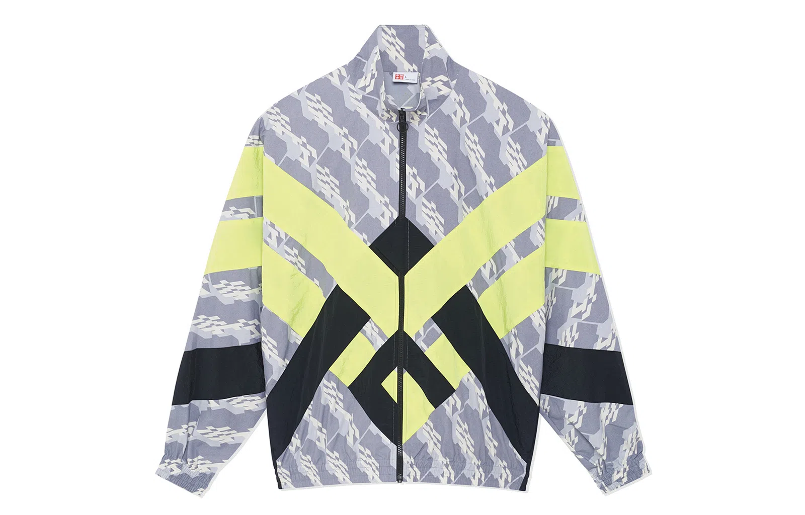 中国李宁 都市游牧 宽松运动立领拼色长袖夹克 男款 满印拼接黑色荧光果酸绿