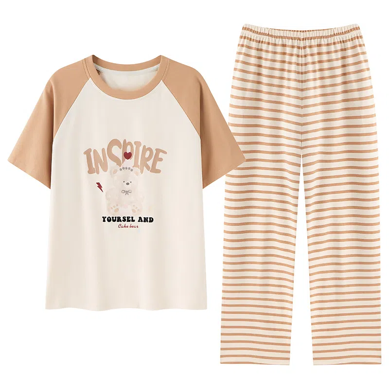 莫代尔 舒适简约柔软亲肤圆领短袖上衣家居服可外穿长裤睡衣套装 女款 桔色