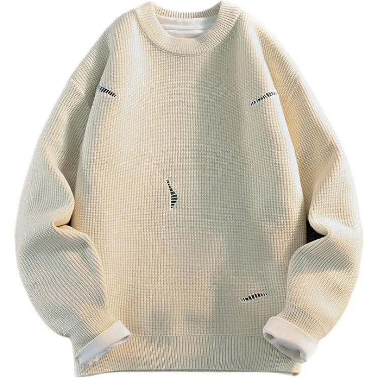 极限涡轮 潮流纯色破洞缝补圆领舒适时尚百搭针织衫 男女同款 白色
