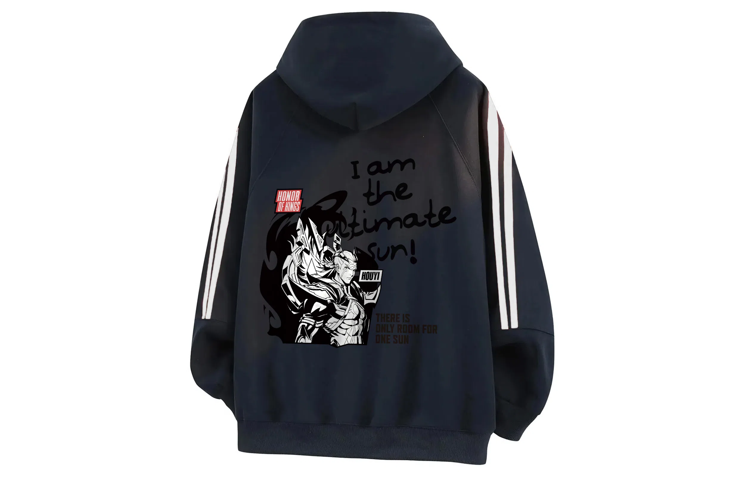 王者荣耀 后羿款美式复古学院风撞色拼接条纹织带字母漫画印花插肩百搭连帽内搭宽松青春休闲保暖套头卫衣 男女同款