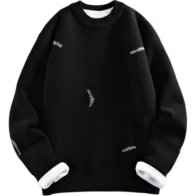 极限涡轮 潮流纯色破洞缝补圆领舒适时尚百搭针织衫 男女同款 白色