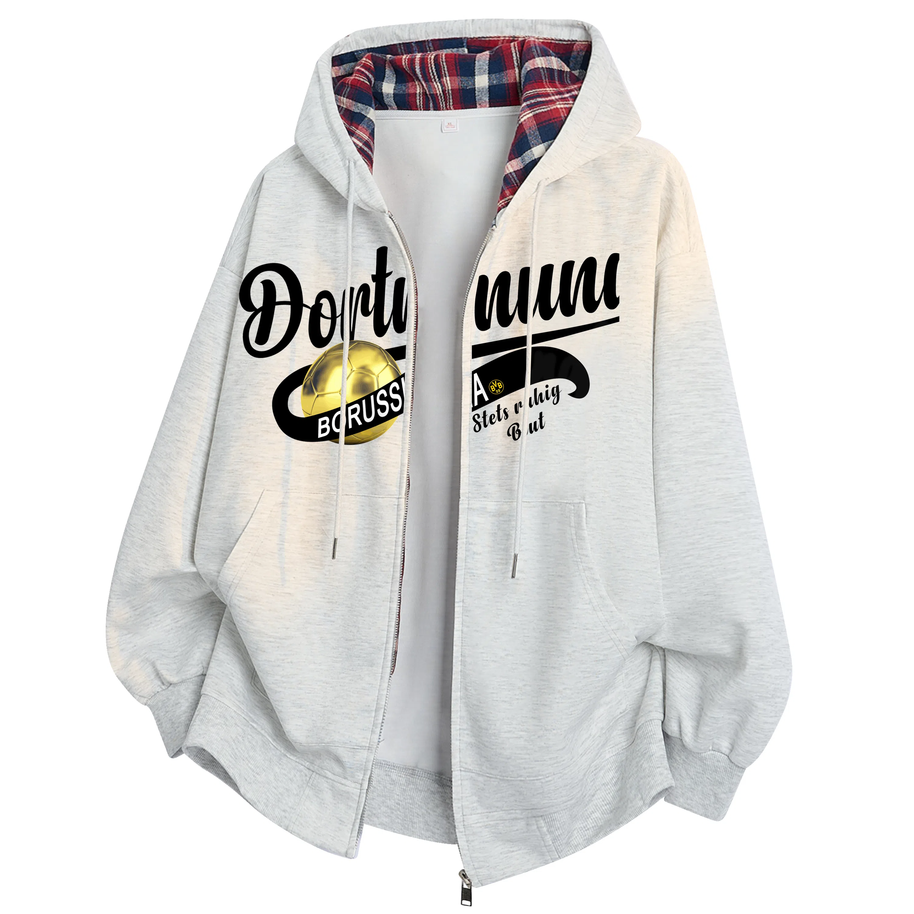 普鲁士多特蒙德 复古时尚美式重磅花体金球印花图案字母格子拼接长袖落肩抽绳舒适宽松百搭开衫防风户外运动出行连帽卫衣 男女同款