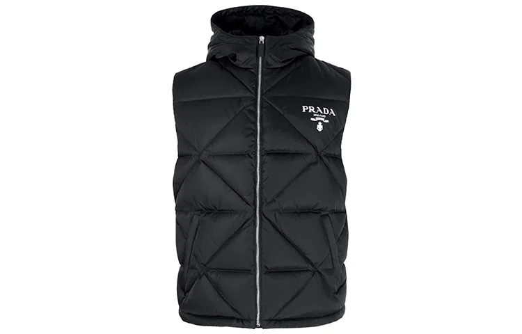 Prada Logo Print Down Vest Hoodie Black