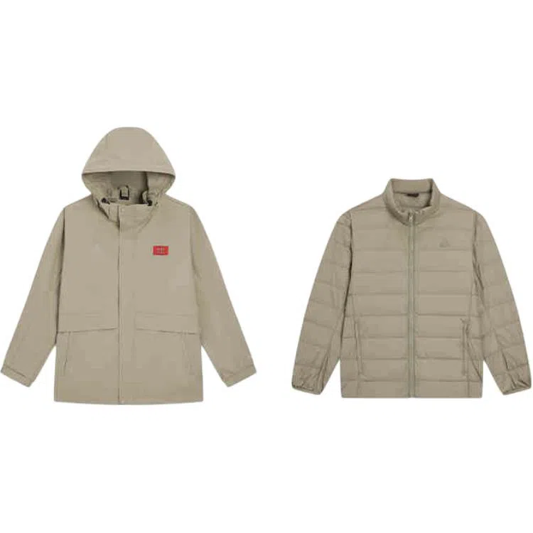 匹克 运动生活系列 菁典系列 纯色拉链连帽舒适透气三合一两件套羽绒服 男款 灰橄榄