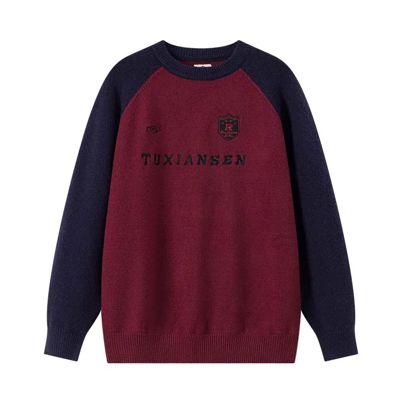 兔先森 美式复古字母刺绣插肩袖宽松时尚百搭拼接撞色圆领套头保暖长袖针织衫 男女同款