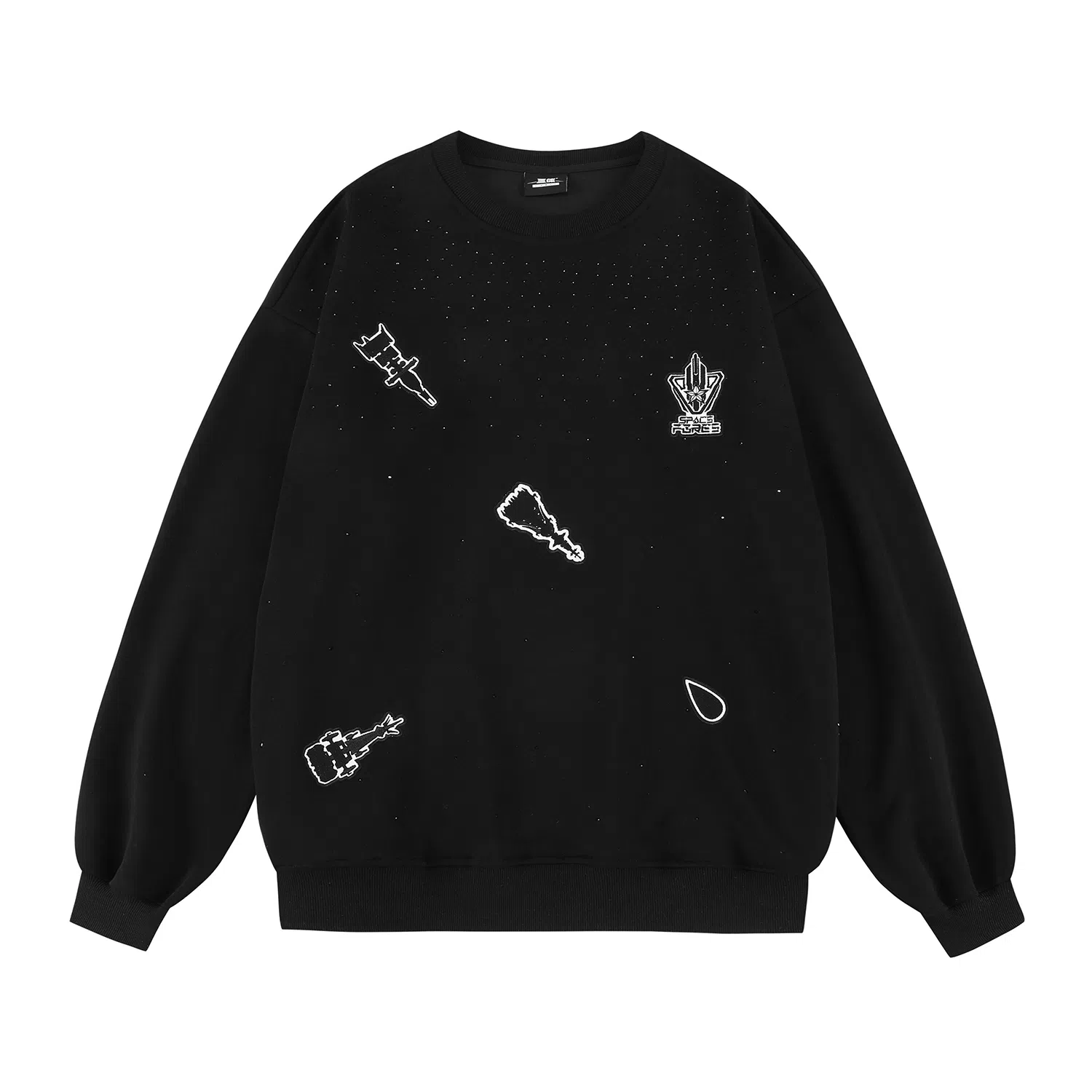 三体 战舰系列 满天星烫钻卡通图案不规则绣花简约美式复古基础款高街潮牌时尚百搭舒适学生多巴胺休闲宽松长袖卫衣 男女同款