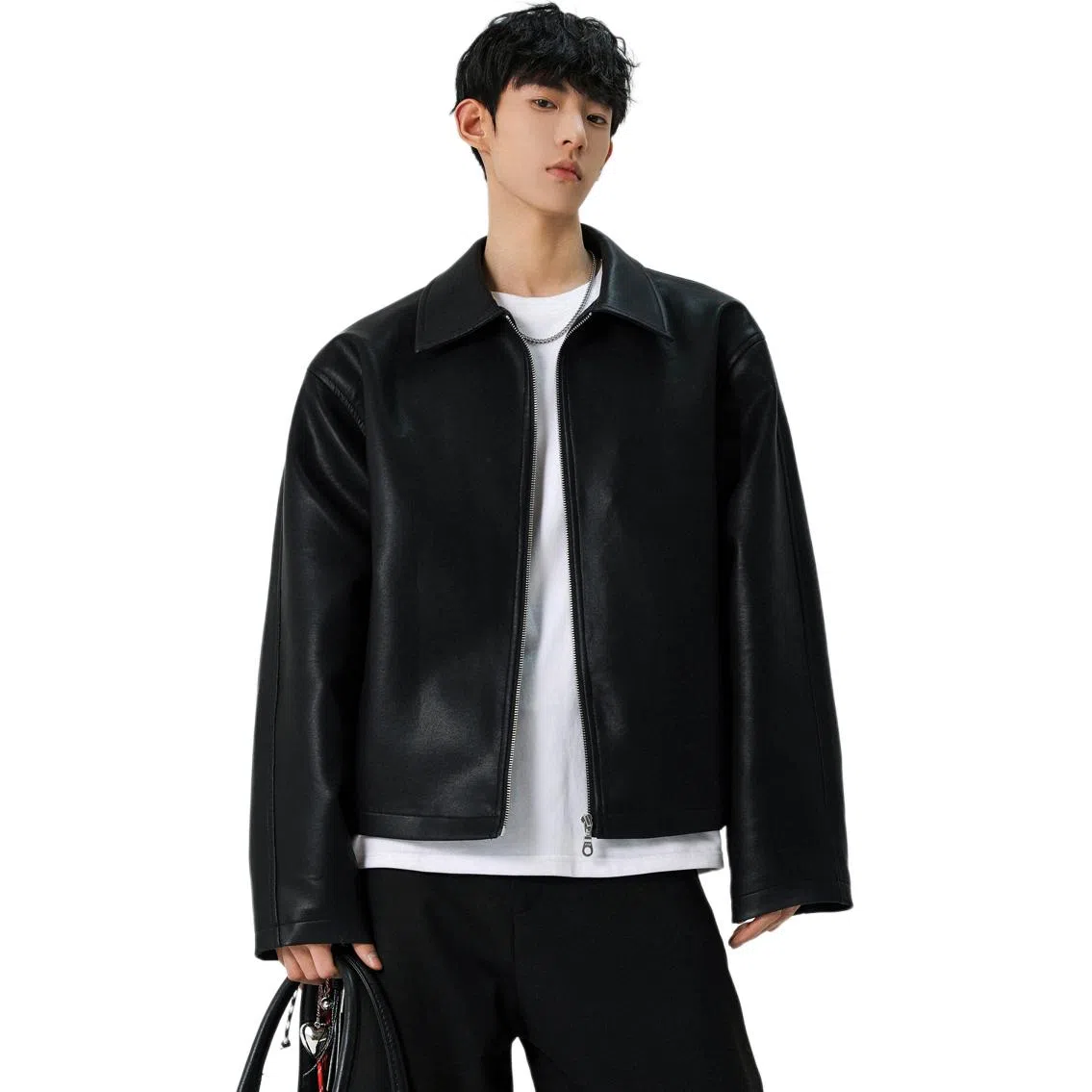 颂希尔 美式机车纯色翻领长袖夹克外套 男女同款 黑色