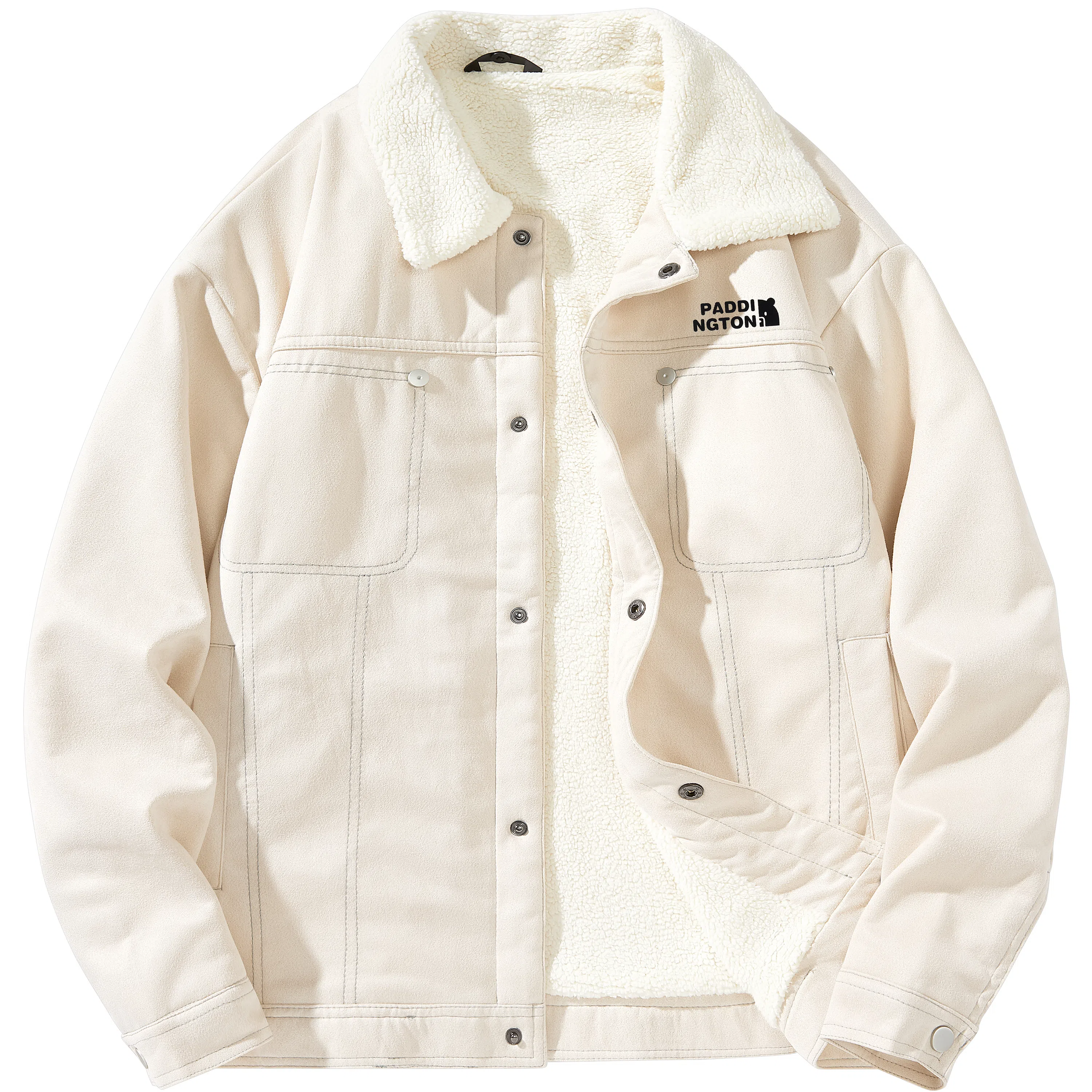 帕丁顿熊 简约小熊贴标美拉德纯色休闲宽松羊羔毛内里加绒保暖加厚夹克外套 男女同款