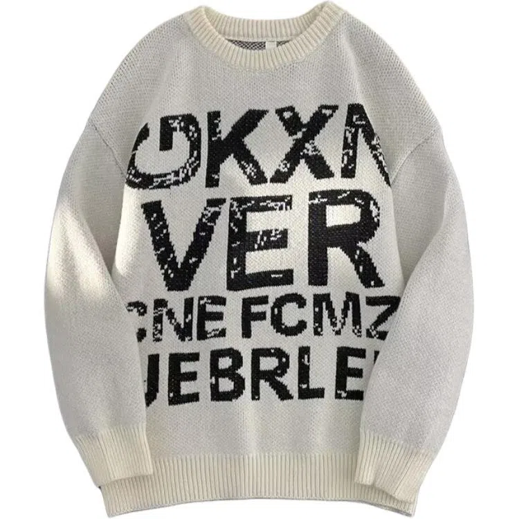 极限涡轮 美式复古字母提花圆领宽松重磅休闲保暖百搭针织衫 男女同款