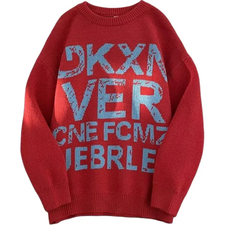 极限涡轮 美式复古字母提花圆领宽松重磅休闲保暖百搭针织衫 男女同款