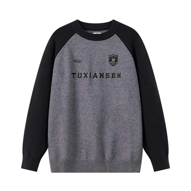 兔先森 美式复古字母刺绣插肩袖宽松时尚百搭拼接撞色圆领套头保暖长袖针织衫 男女同款