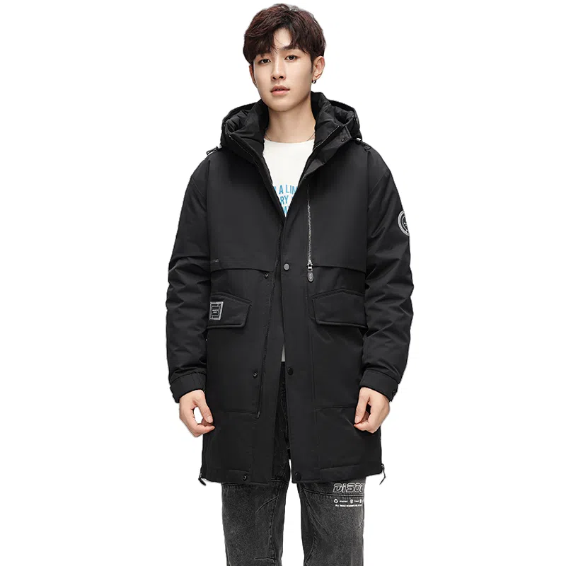 鸭鸭 鹅绒系列户外工装风连帽保暖休闲加厚新国标中长款羽绒服 男款