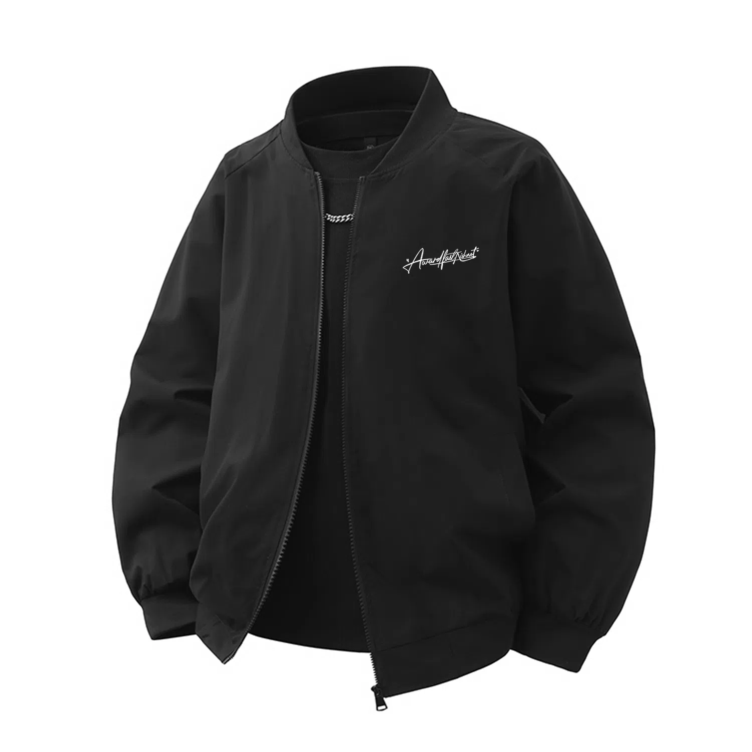 快鱼 美式复古简约个性花体字母印花设计感青少年纯色基础款宽松休闲时尚百搭飞行教练长袖外套夹克 男女同款