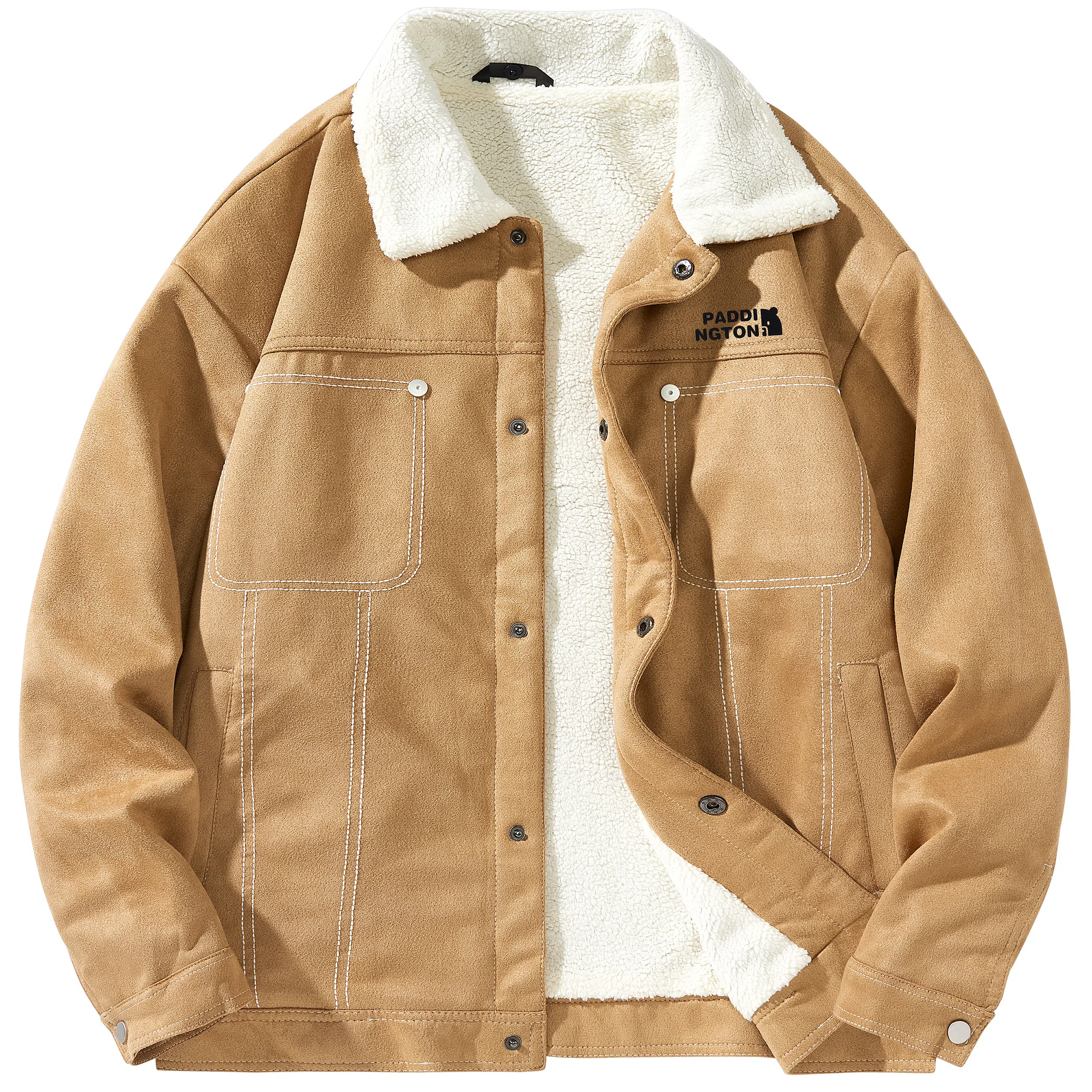 帕丁顿熊 简约小熊贴标美拉德纯色休闲宽松羊羔毛内里加绒保暖加厚夹克外套 男女同款