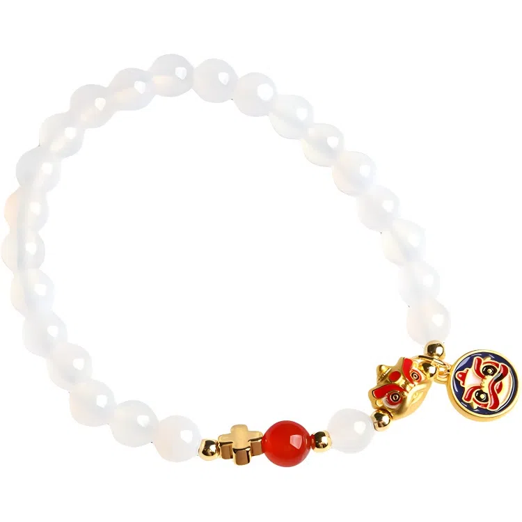 欧说珠宝 小众精致福牌挂件可爱风大气招财招桃花圆珠 玛瑙 手串 男女同款情侣款