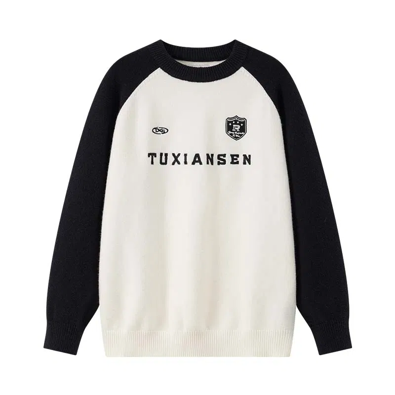 兔先森 美式复古字母刺绣插肩袖宽松时尚百搭拼接撞色圆领套头保暖长袖针织衫 男女同款