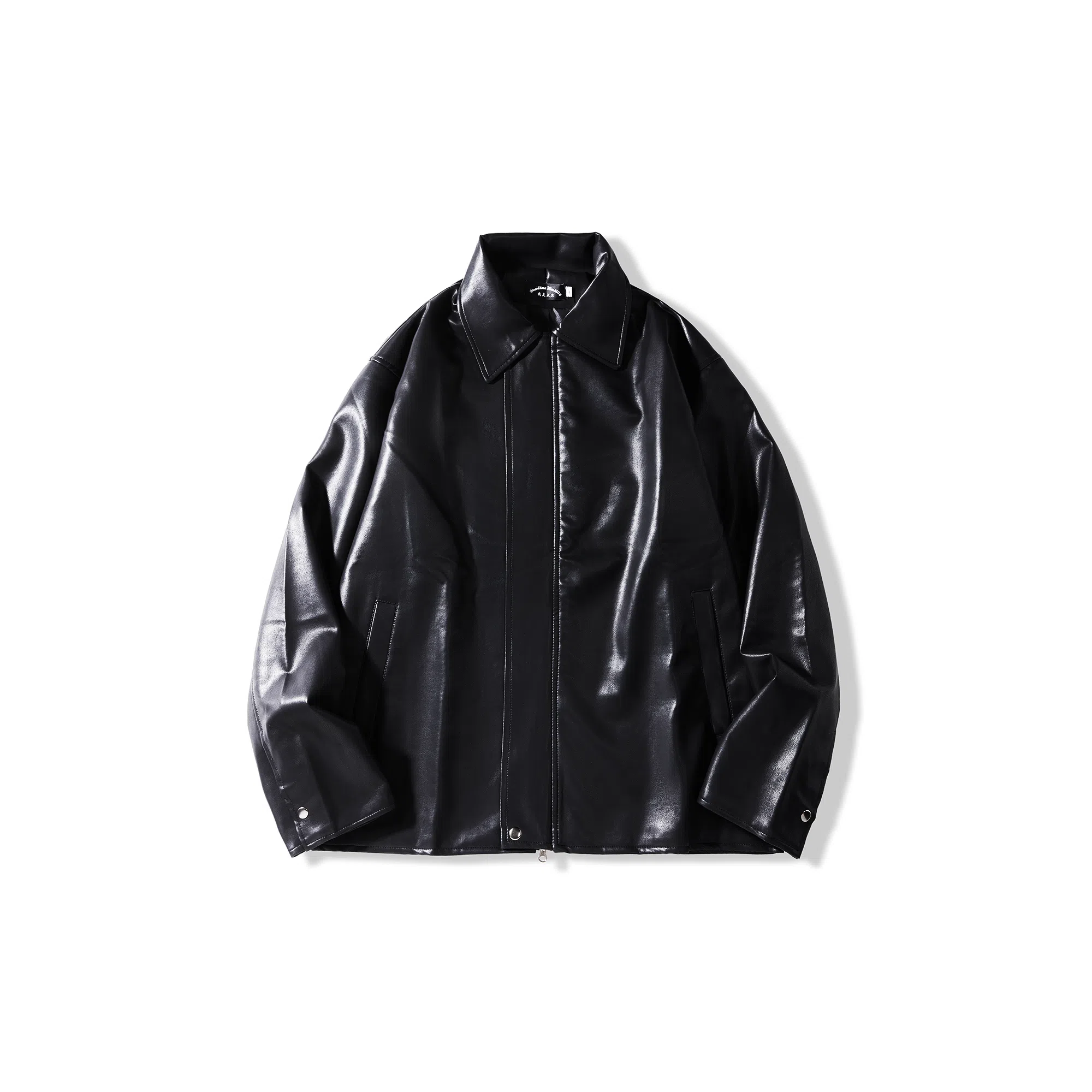 我是大卫 亮面基础款纯色高街翻领皮衣开衫夹克 男女同款 黑色