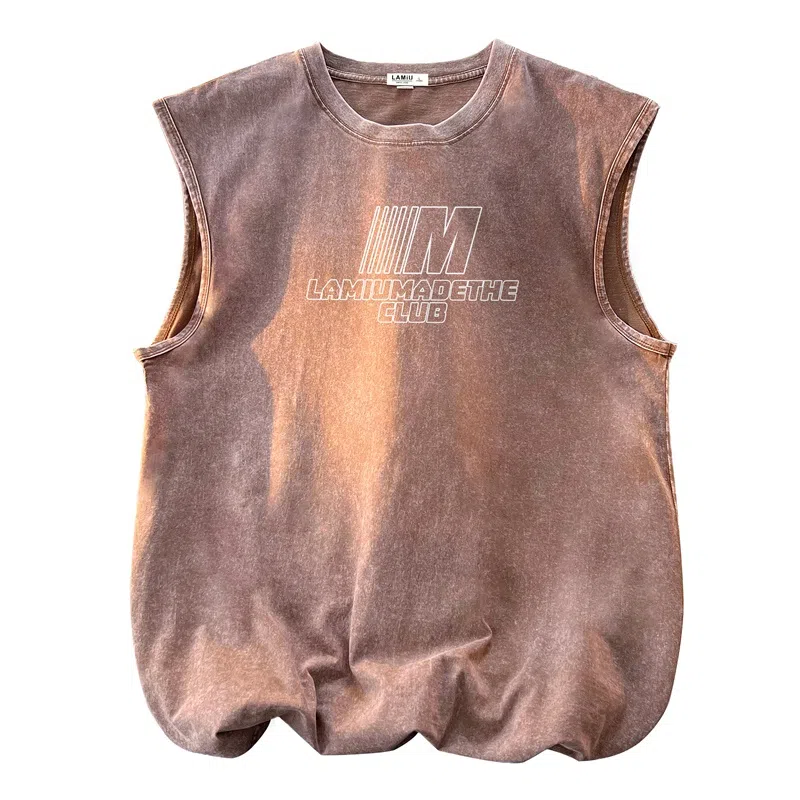 兰缪 日系复古纯色基础款简约宽松美式字母透气水洗做旧圆领百搭无袖背心 男女同款