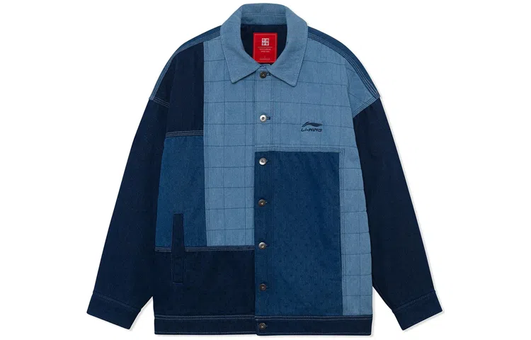 中国李宁 悟创吾意 撞色拼接单排扣色块翻领宽松棉服 男款 蓝色