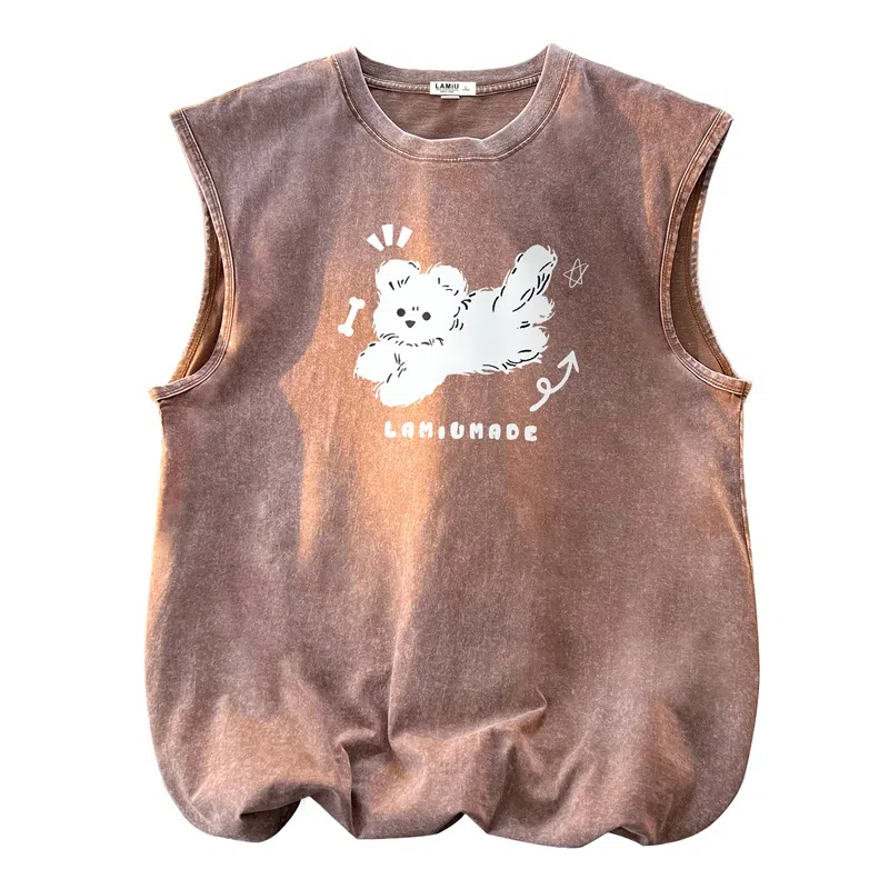兰缪 日系复古纯色基础款简约美式宽松小狗印花圆领百搭日常通勤无袖背心 男女同款